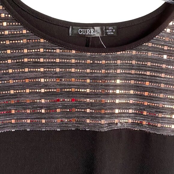 Cure. Black Sequin Top With 3/4 Sleeves Rayon Spandex Blend Women's 2XL NEW - Picture 9 of 12